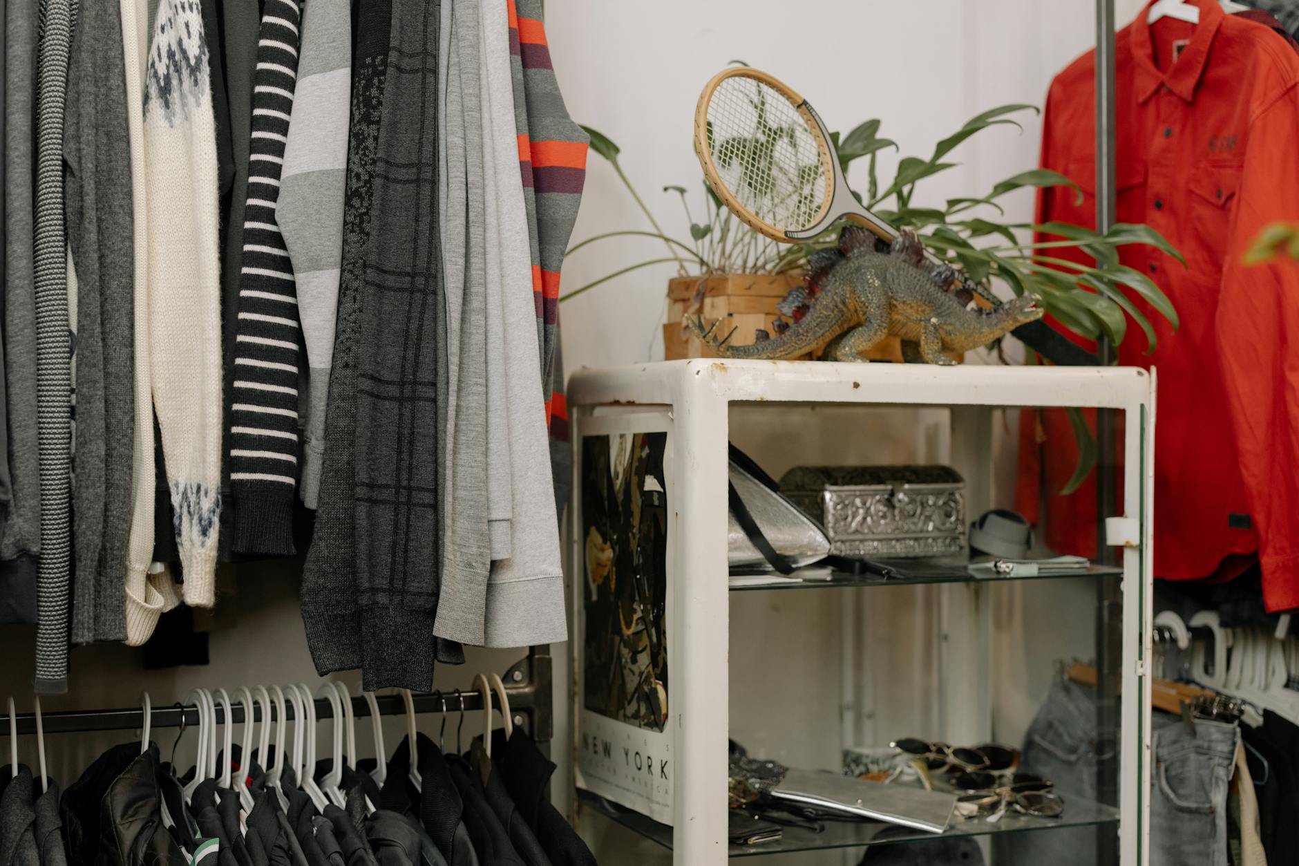 Colorful vintage clothing hanging on rack in thrift store