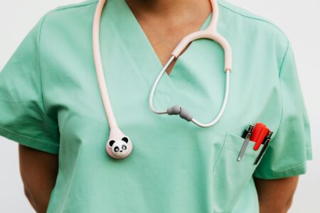 Healthcare professional wearing clean medical scrubs