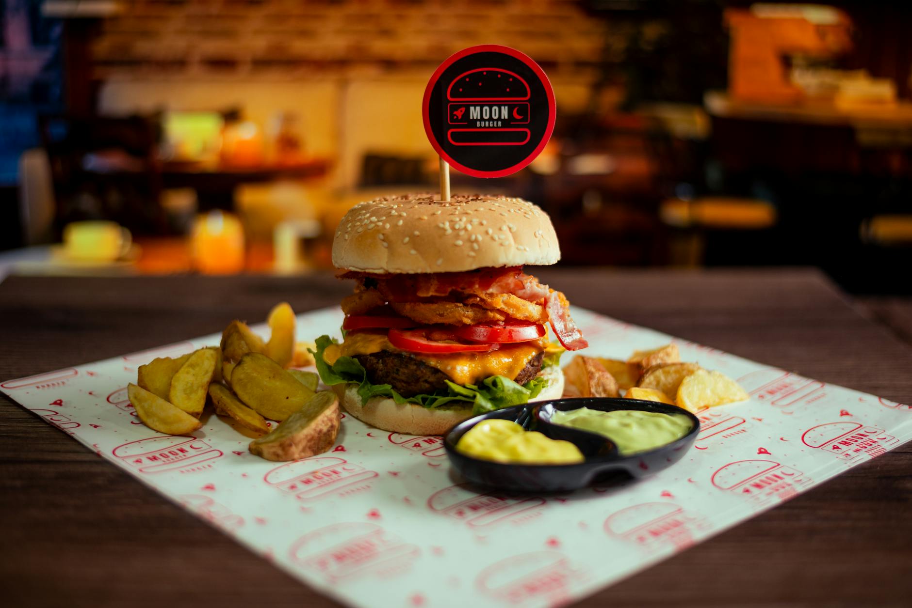 Modern fast food restaurant interior with bright lighting and contemporary design