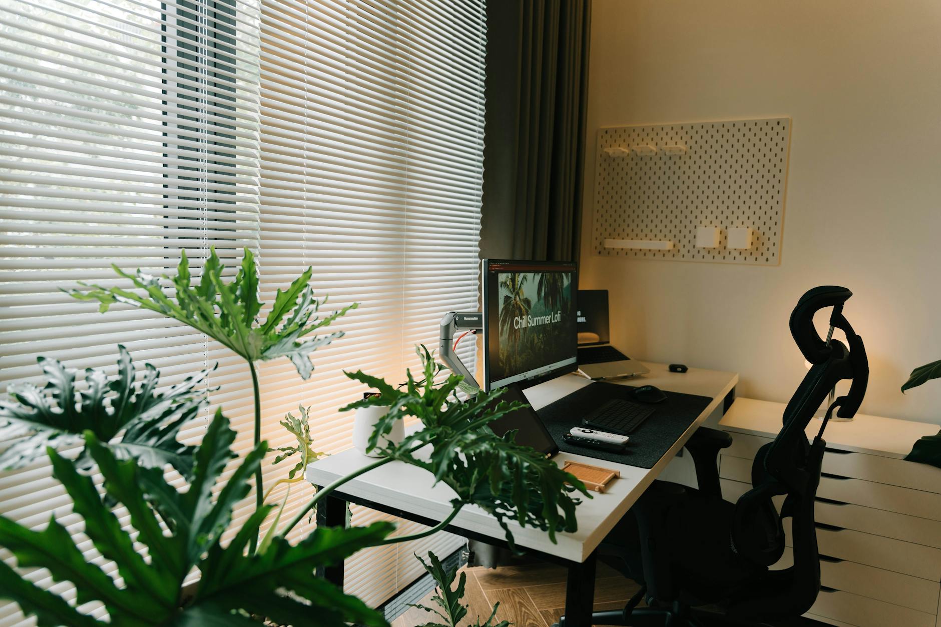 Professional working from home setup with laptop and comfortable workspace