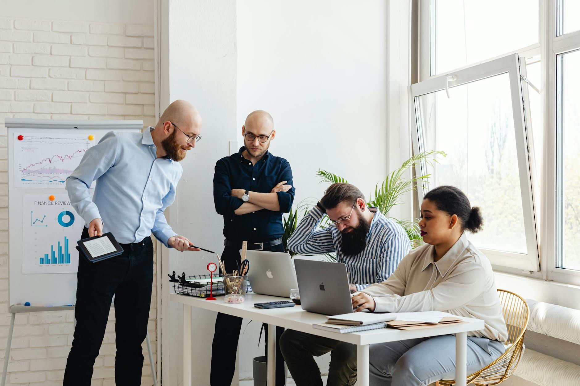 Modern business casual meeting environment with professionals in comfortable attire