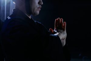 Traditional kendo practitioner wearing tare hip apron and hakama during training