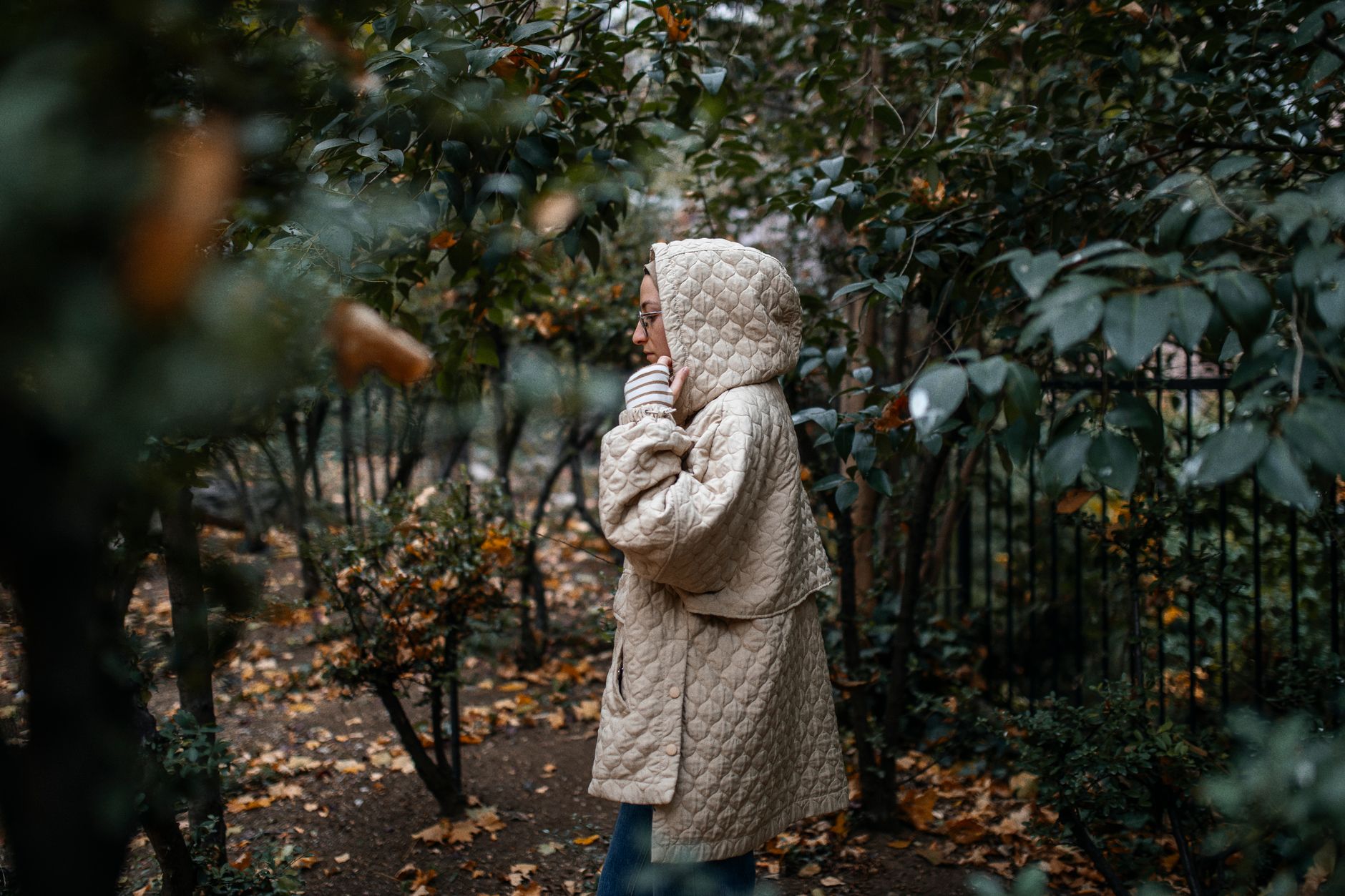Model wearing a structured quilted outerwear jacket with contrast edge detailing