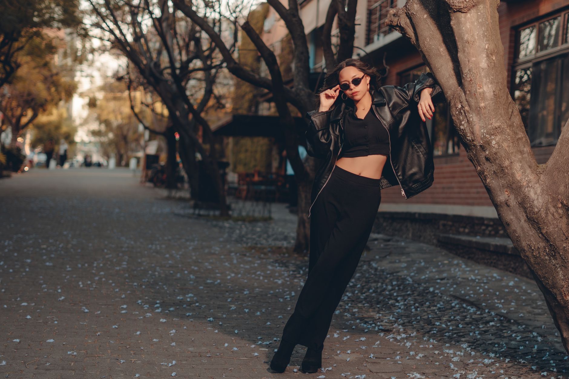 Street style outfit featuring a polo neck layered under a structured jacket
