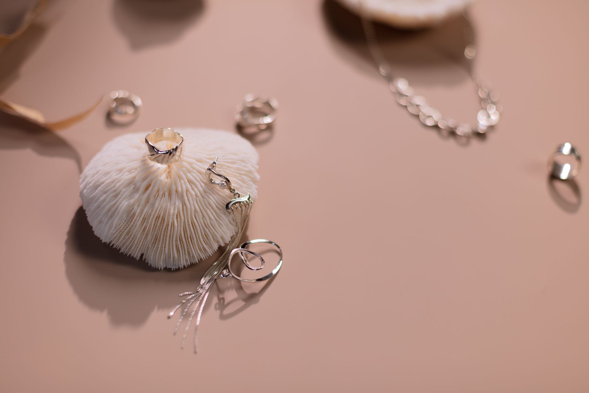 Close-up of polished metal accessories with clean geometric shapes against a neutral background